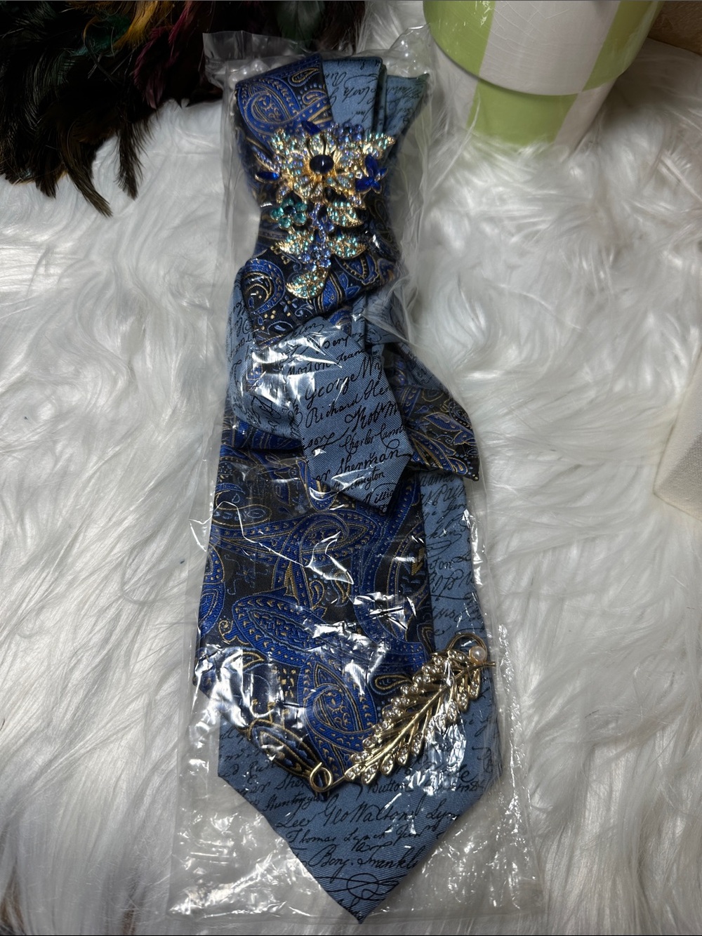 Blue Paisley Women's Necklace Tie with Decorative Brooch